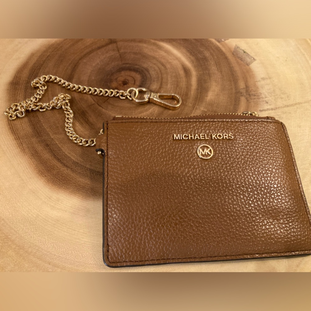 MICHAEL KORS Brown Card‎ ID Chain Wrislet Wallet with Keychain Luggage Tan